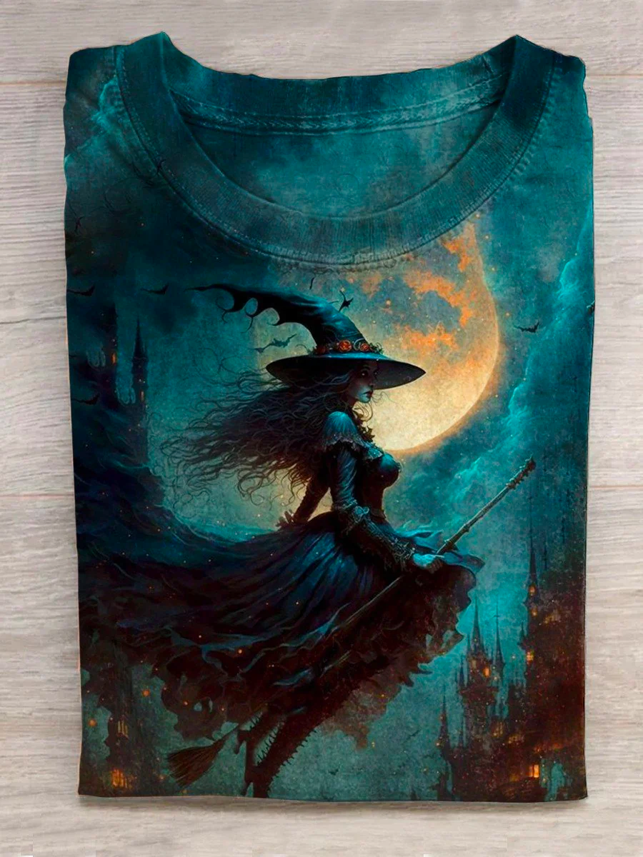 Unisex Halloween  Witch Print Casual T-Shirt