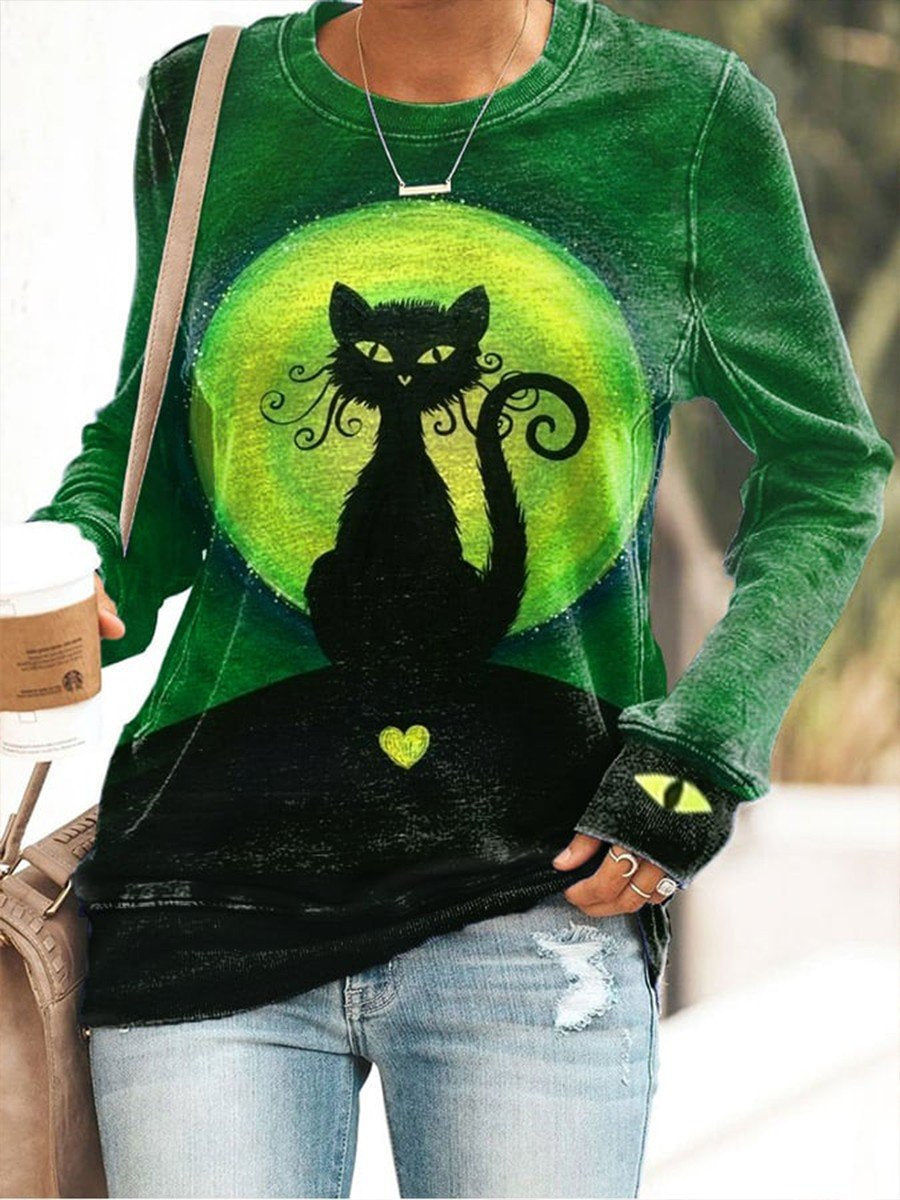 Women's Halloween Cat Print Casual Long Sleeve Sweatshirt
