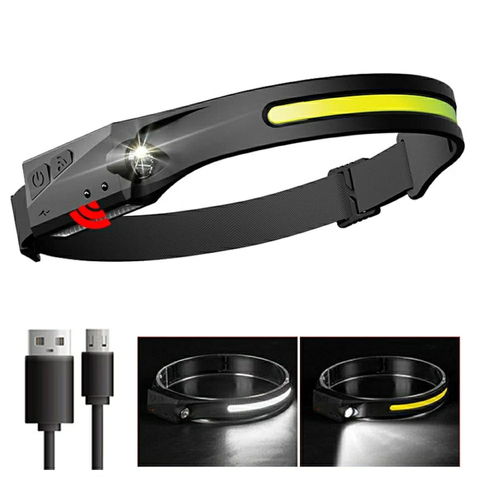 Mini COB LED Headlamp Waved Sensor Rechargeable Flashlight Headlight