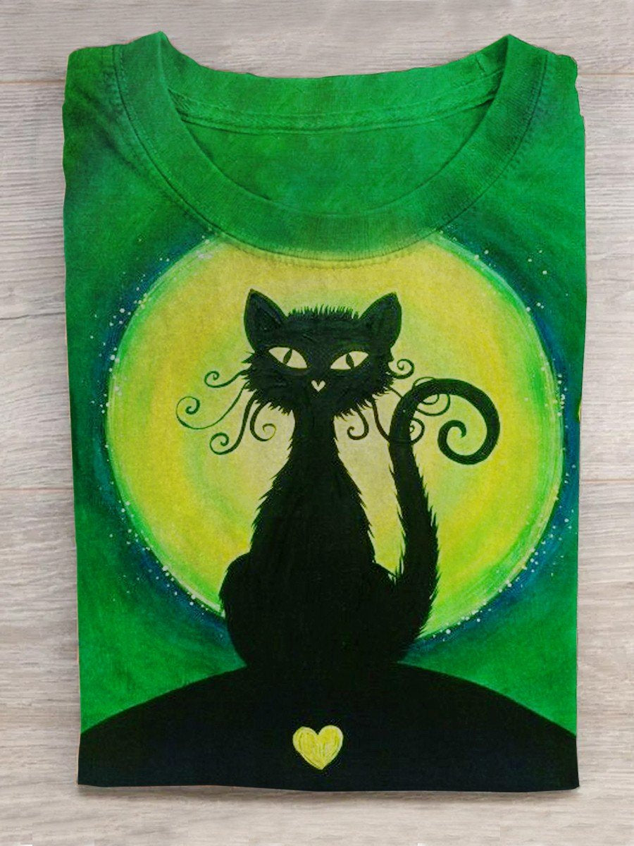 Unisex Halloween Cat Print Casual T-Shirt