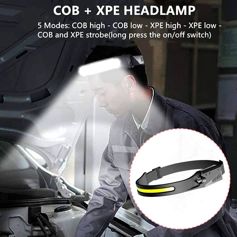 Mini COB LED Headlamp Waved Sensor Rechargeable Flashlight Headlight
