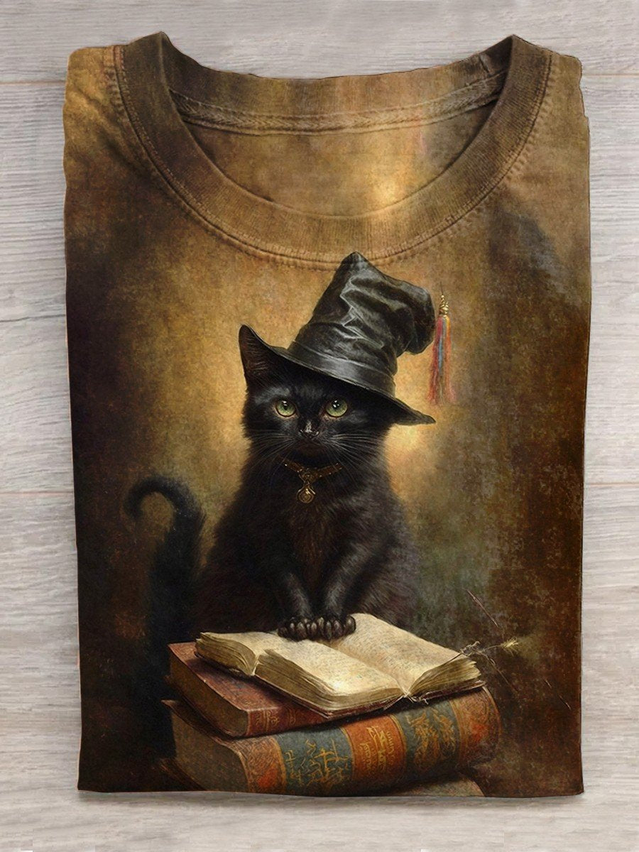 Halloween Cat Art Print Casual T-Shirt